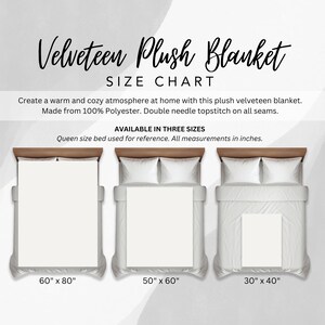 May include: A size chart for a velveteen plush blanket. The chart shows three sizes: 60 inches by 80 inches, 50 inches by 60 inches, and 30 inches by 40 inches. The blanket is made from 100% polyester and has double needle topstitching on all seams.