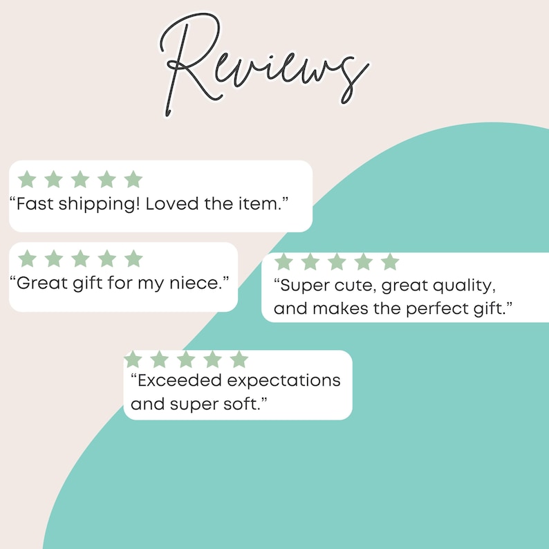 Pu&ograve; includere: Grafica con la parola "Reviews" in corsivo. L'immagine presenta testimonianze dei clienti con valutazioni a stelle. Le citazioni includono "Fast shipping! Loved the item," e "Great gift for my niece."