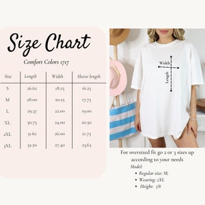 Puede incluir: Tabla de tallas para una camiseta blanca con medidas en pulgadas. La tabla muestra la longitud, el ancho y la longitud de la manga para las tallas S, M, L, XL, 2XL y 3XL. El texto "Comfort Colors 1717" est&aacute; en la parte superior de la tabla. La modelo lleva una camiseta talla 2XL y mide 1,73 m.