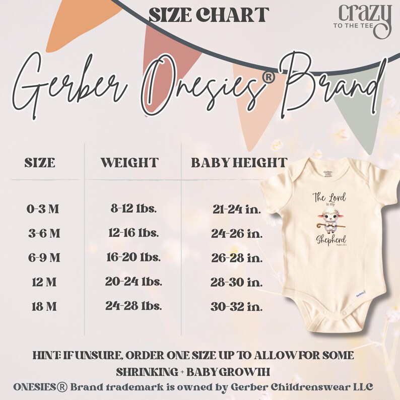 May include: Size chart for Gerber Onesies&reg; brand baby clothes. The chart shows sizes from 0-3 months to 18 months, with corresponding weight and height ranges in inches and pounds. The chart is printed on a white background with a pink, peach, and green floral design.