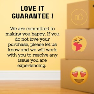 May include: A yellow background with the text "LOVE IT GUARANTEE!" and a message about customer satisfaction. The image also includes three brown cardboard boxes with emojis of thumbs up, a heart, and a smiley face with hearts for eyes.