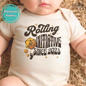 Rolling Initiative Since Custom Year Baby Onesie® Brand Bodysuit, Twenty Sided Dice Dragon DnD Baby Bodysuit