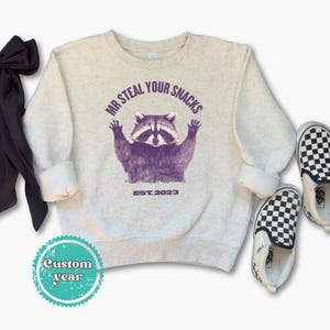 Pu&ograve; includere: Una felpa grigio chiaro con una grafica di procione viola e la scritta "MR STEAL YOUR SNACKS EST.2023". L'immagine include anche scarpe slip-on a scacchi bianchi e neri e un fiocco nero.