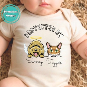Protected by Pet Onesies® Brand Bodysuit, Personalized Baby Gift for Pet Owner, Custom Protected by Cat and Dog Baby Bodysuit with Halo