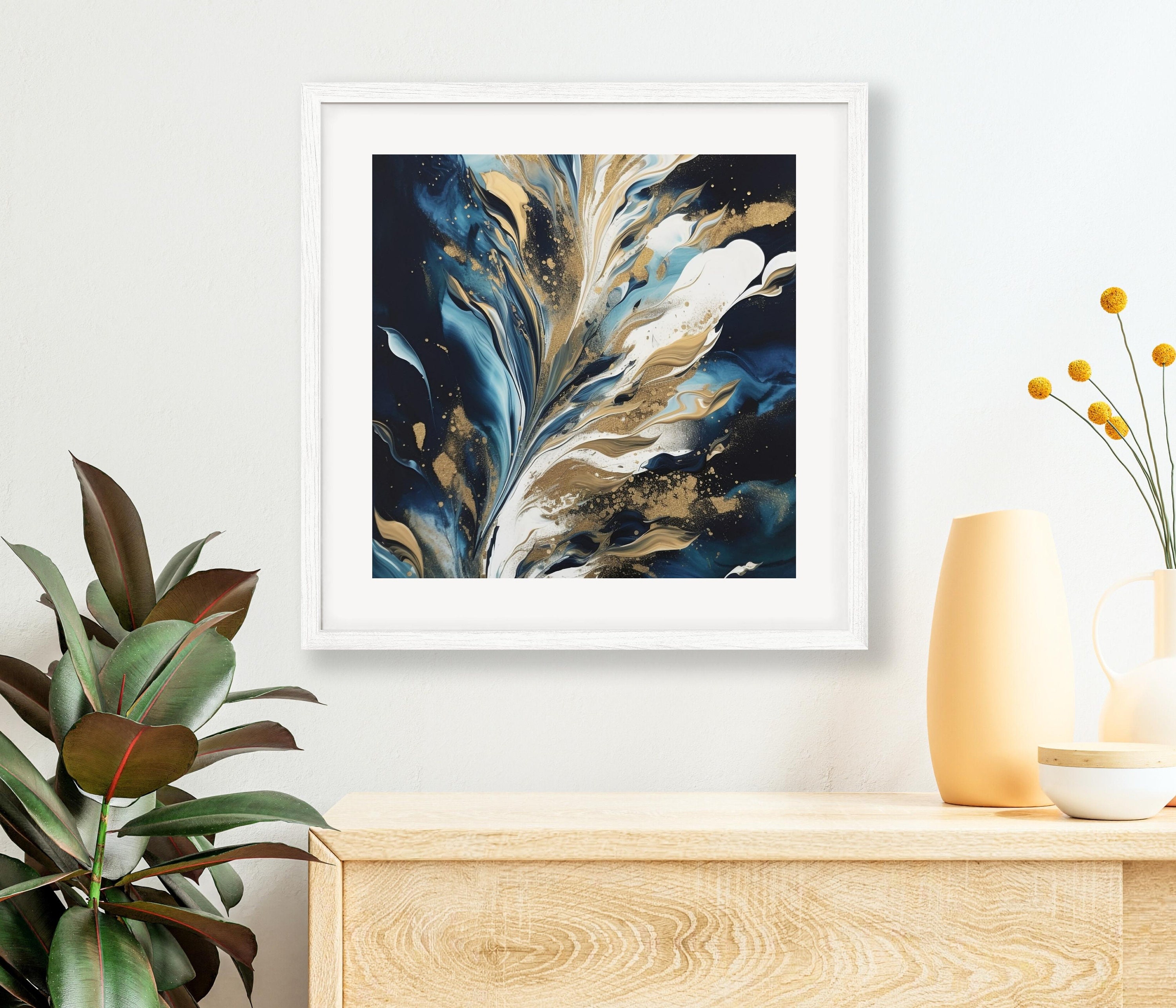 Navy Blue and Gold Flower Wall Art for Living Room Decor, Minimalist