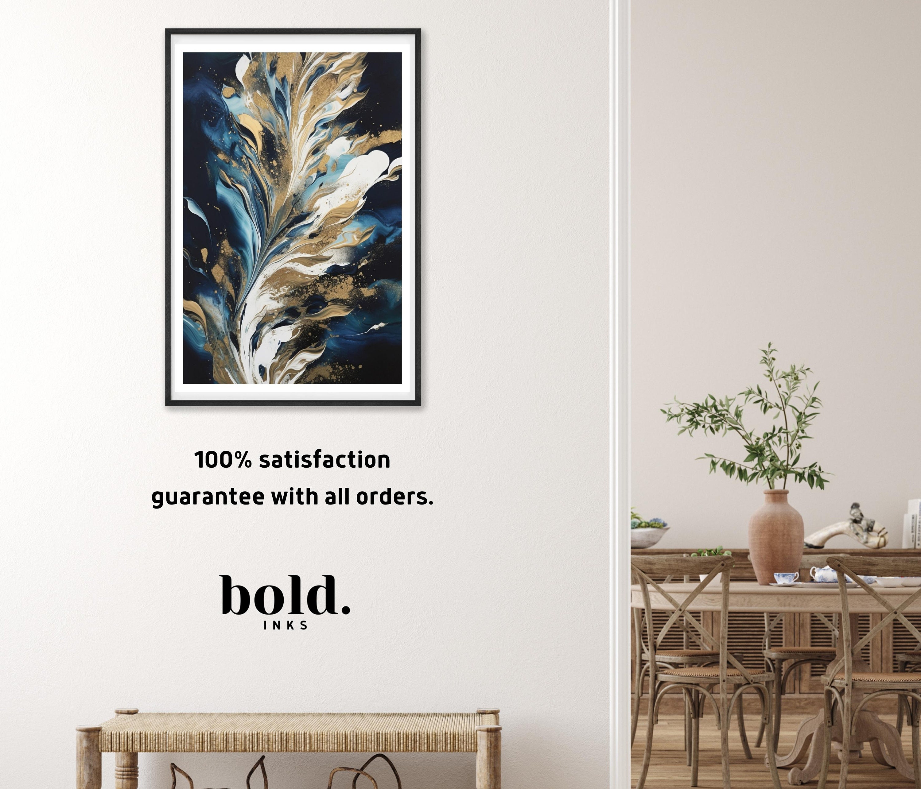 Navy Blue and Gold Flower Wall Art for Living Room Decor, Minimalist