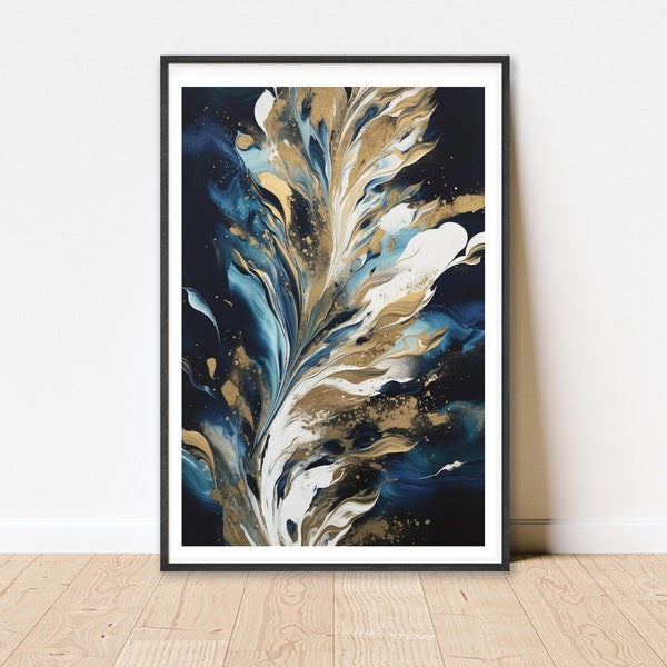 Navy Blue and Gold Flower Wall Art for Living Room Decor, Minimalist Dark Blue and Gold Painting, Abstract Artwork