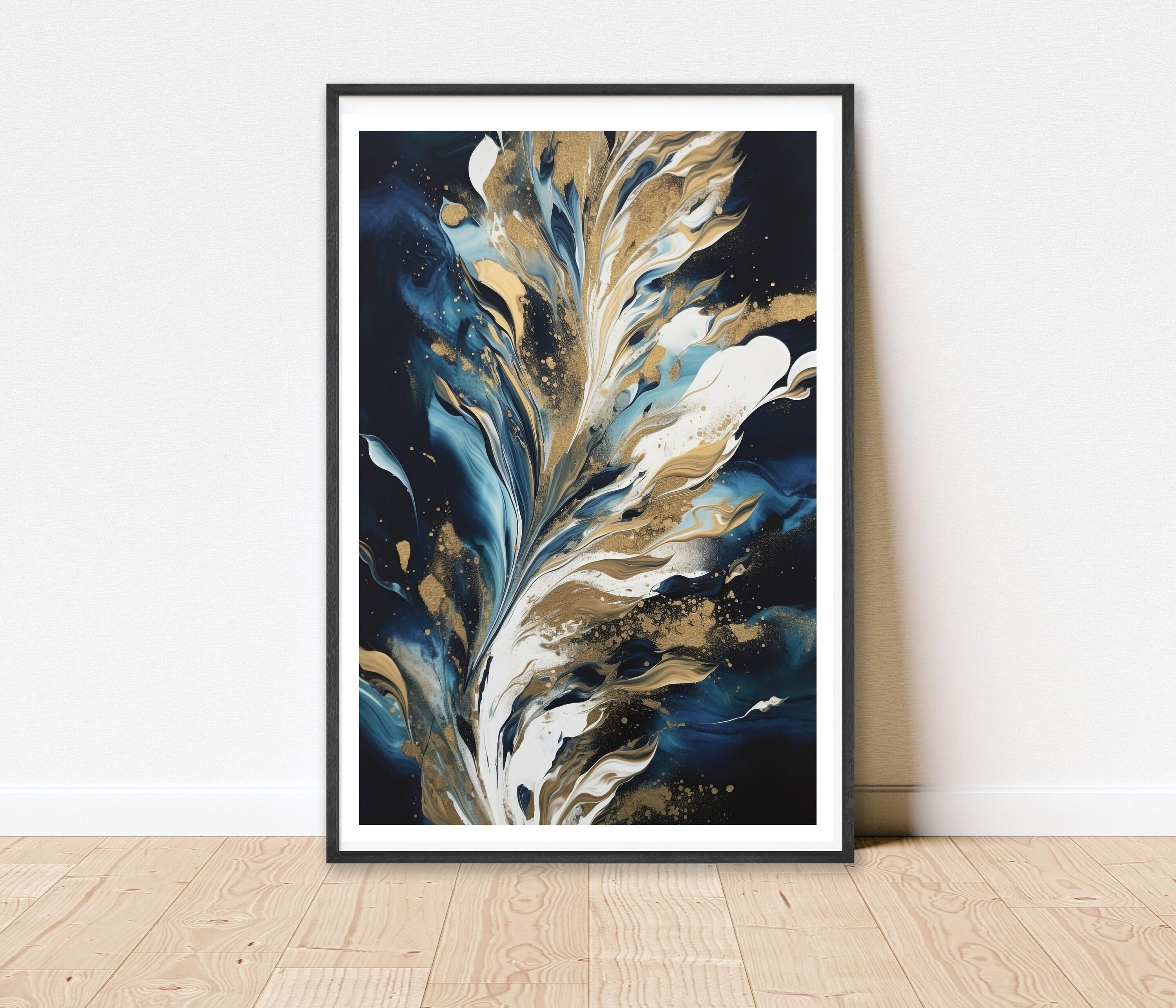 Navy Blue and Gold Flower Wall Art for Living Room Decor, Minimalist