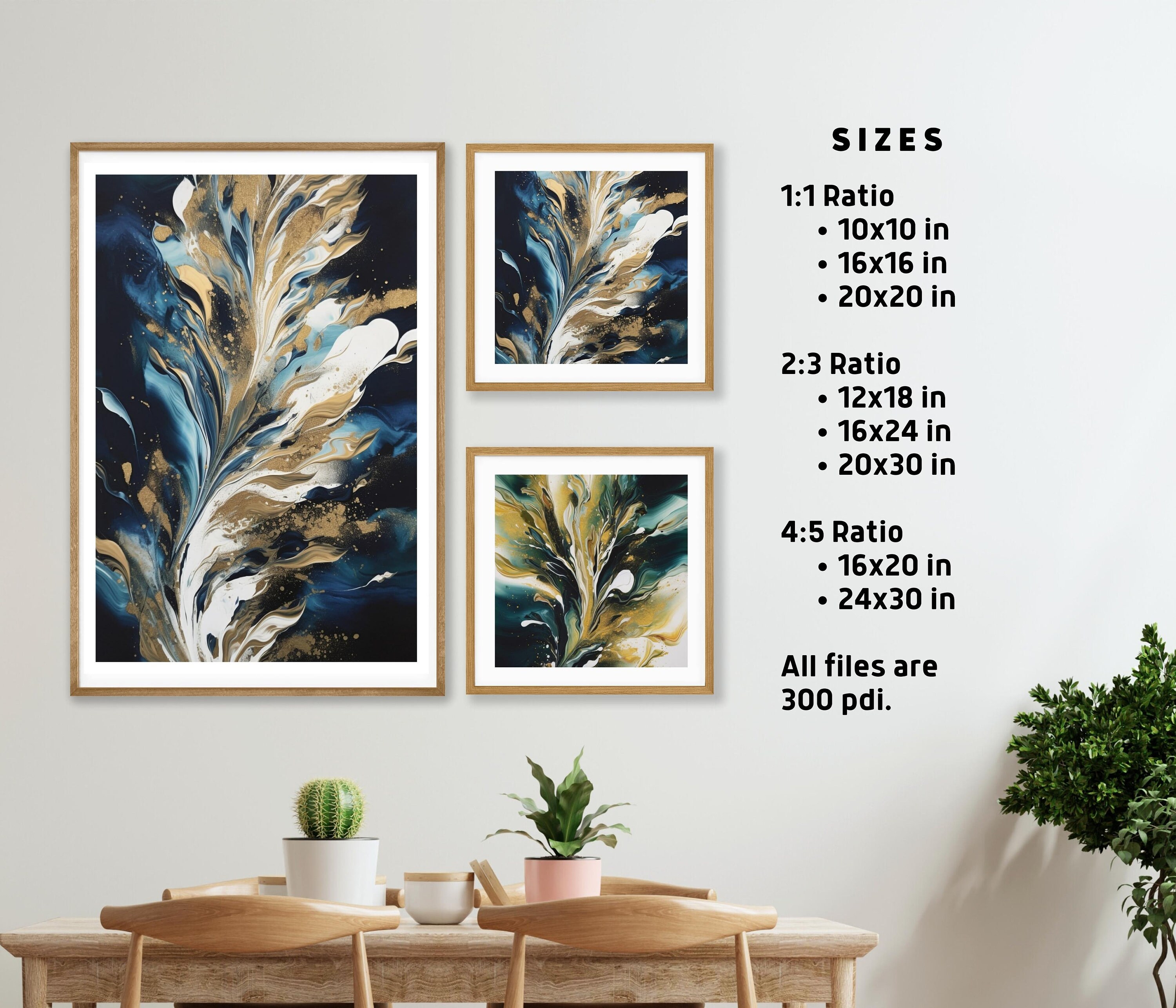 Navy Blue and Gold Flower Wall Art for Living Room Decor, Minimalist