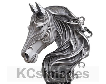 May include: A silver horse head sculpture with intricate, layered details. The horse's mane and neck are made of overlapping, swirling lines, creating a 3D effect.