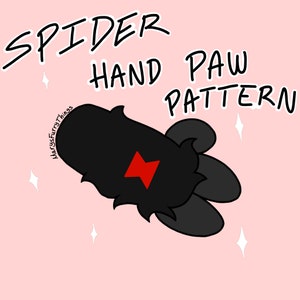 May include: Black and red spider hand paw pattern. The pattern is on a pink background with white sparkles.