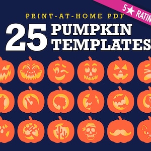 May include: 25 printable pumpkin carving templates. The templates feature a variety of designs, including animals, skulls, and spooky faces.  Print-at-home PDF.