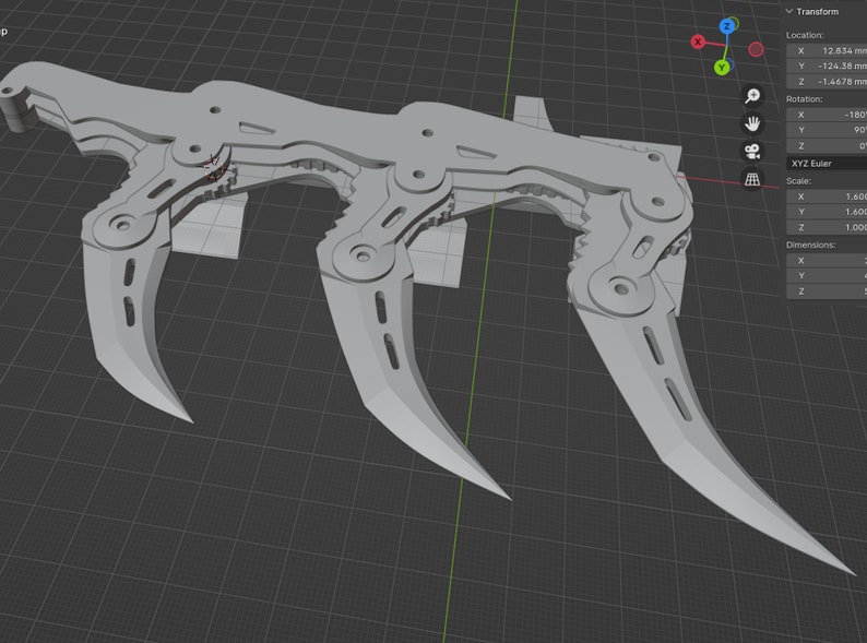 Puede incluir: Un modelo 3D de un arma de m&uacute;ltiples hojas de color plateado con un mecanismo complejo. El arma tiene cuatro hojas, cada una con una punta curva y puntiaguda. Las hojas est&aacute;n conectadas por una serie de bisagras y engranajes, lo que les permite moverse de forma independiente.