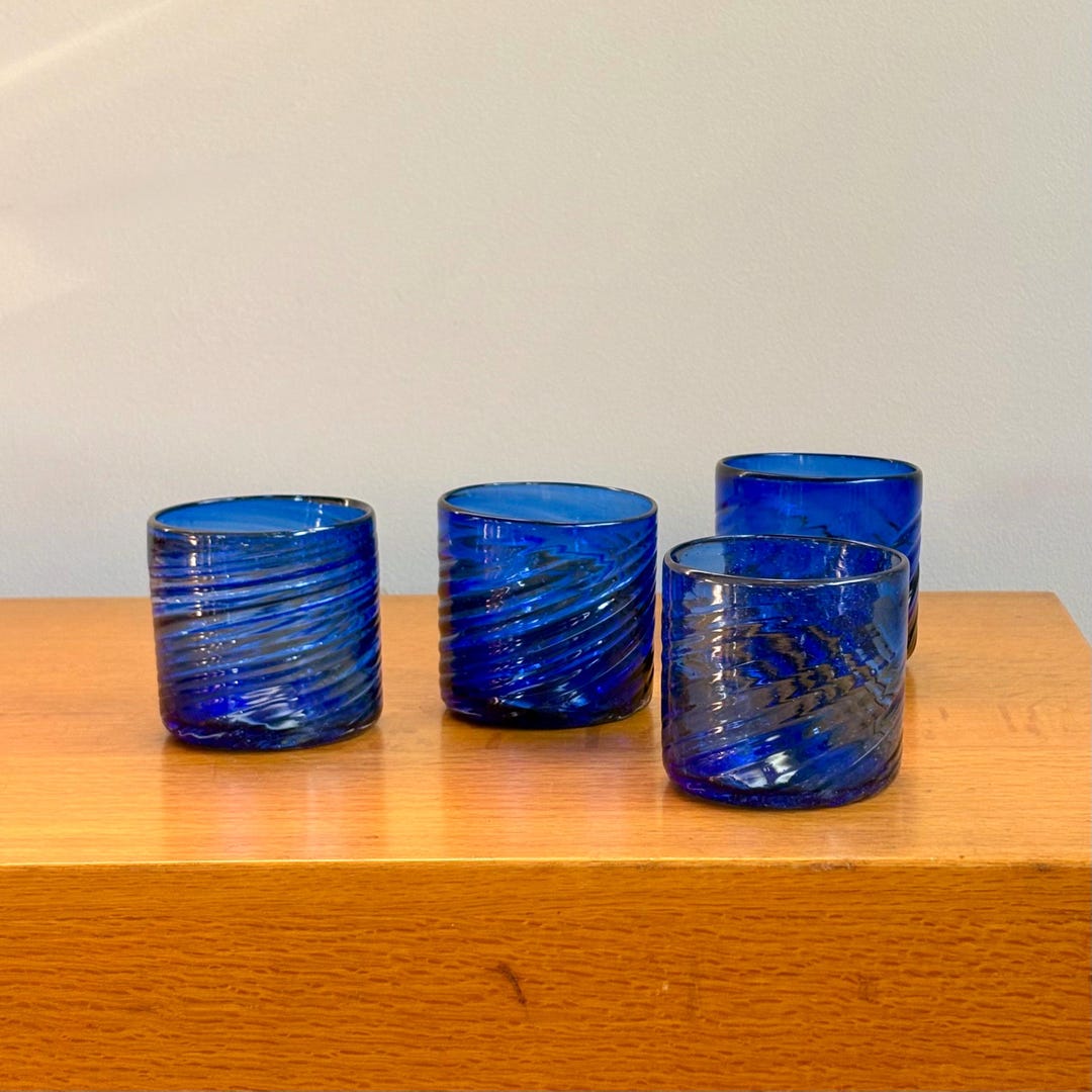 Set of Four Vintage Handblown Cobalt Blue Low Ball Rocks Tumbler ...