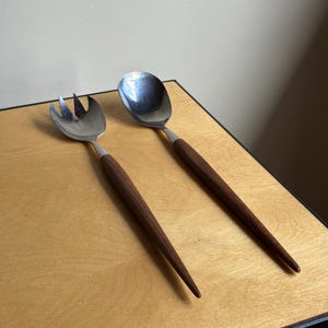 Mid Century Stainless Steel and Teak Salad Serving Fork and Spoon Utensil Set | Made in Norway