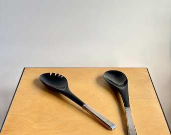 1940s Art Deco Black Melamine Salad Serving Utensil Set with Sterling Silver Handles by Towle Silversmiths