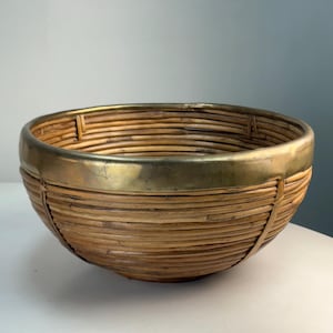 Vintage 11” 1970s Italian Pencil Reed Rattan & Brass Metal Basket Bowl Gabriella Crespi Style