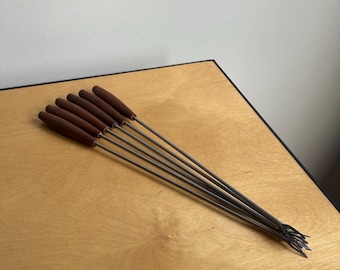 Mid Century Set of Six Teak and Stainless Steel Fondue Forks by Selandia | Made in Denmark