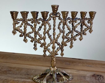 Vintage Solid Brass Menorah Tamar Made In Israel Candle Judaica Brutalist Retro