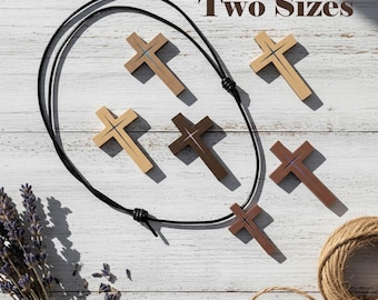 Wood Cross Necklace, Adjustable Leather Cord Crucifix, Baptism First Communion Gift, Minimalist Rugged Wooden Pendant, Christian Gift Box