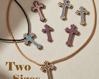 Wood Cross Necklace – Adjustable Leather Cord, Custom Colors, Christian Gift Box, Baptism First Communion Gift