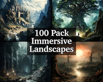 May include: A collage of four fantasy landscape images. The top left image shows a medieval castle on a mountainside with a river flowing through the valley. The top right image shows a large, ancient tree with glowing lights in the branches. The bottom left image shows a dark, mysterious forest path with stone steps leading up to a stone archway. The bottom right image shows a swampy landscape with a river flowing through it. The text "100 Pack Immersive Landscapes" is superimposed over the images.