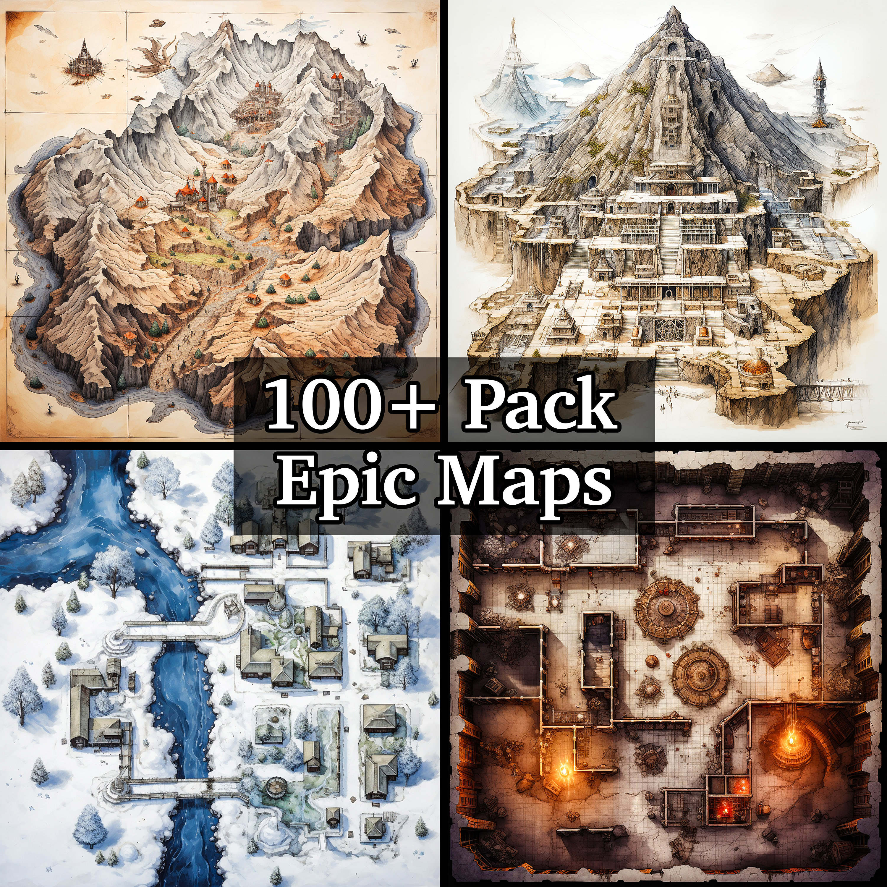 Epic Battle Maps, 100+ Pack Bundle of High Detail Role Playing Maps, Dungeons and Dragons, RPG Adventure Maps, Different Vibrant Terrains