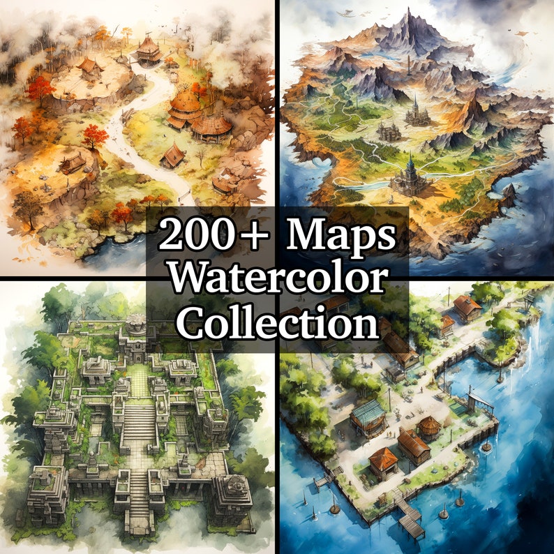 Watercolor Battle Map Bundle, 200 Pack of High Detail Role Playing Maps, Dungeons and Dragons, RPG Adventure, Watercolor Terrains image 1