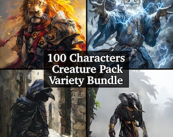 100 créatures pour les jeux du MDN et du TTRPG, collection de créatures PNG, styles variés de créatures, donjons et dragons, collection Epic Bundle, mdnd