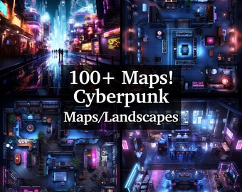 Cartes de combat et arrière-plan cyber-punk, lot de plus de 100 cartes RPG, donjons et dragons, cartes de combat pour les jeux de rôle, néons, Cyber City