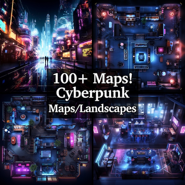 Cyber-punk Battle & Background Maps, 100+ Pack Bundle of RPG Maps, Dungeons and Dragons, Role Playing Battle Maps, Neon Lights, Cyber City