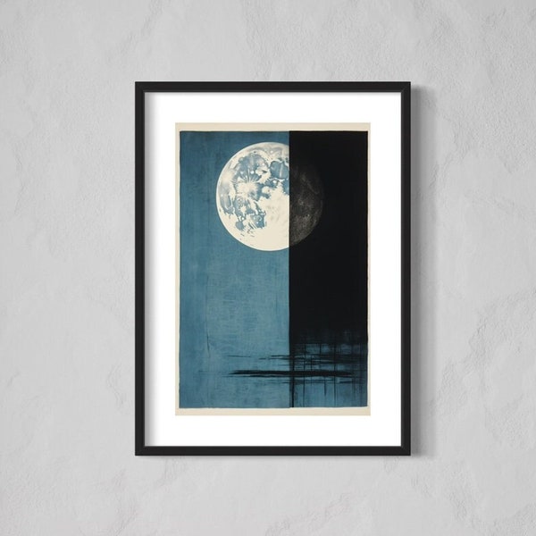 Vintage Japandi Style Blue Moon Printable Art Living Room Office Entry Decor DIY Home Minimalist Full Moon Soft Japanese Style Inspired