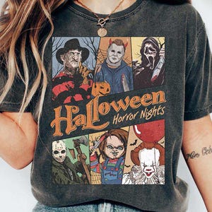 Retro Horror Characters Halloween Shirt, Horror Movie, Halloween Horror Nights 2025, Halloween Friends Group Matching, Trick or Treat Shirt