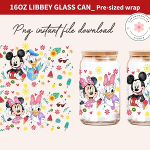 Bundle Minnie And Daisy Floral 16oz Glass Can Wrap, Mickey 16 oz Glass Can Png, 16 oz Libbey Glass Can Wrap, Cartoon Summer Glass Can