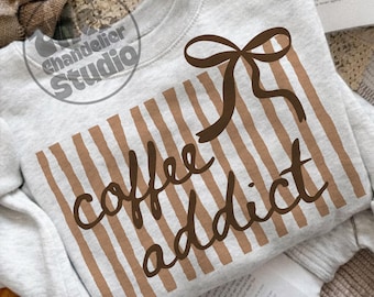 Coquette Coffee Addict Png Svg, Retro Striped Coffee Quote Png, Trendy Coffee Lover Bow Design, Neutral Brown Coffee Png