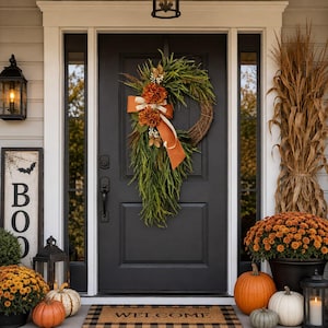 Fall Wreath for Front Door, Autumn Grapevine Wreath, Orange Floral Door Decor, Thanksgiving Porch Wreath, Rustic Home Decor