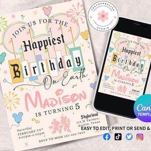 Disneyland Birthday Invitation, Magical Castle Birthday Invitation, Happiest Birthday On Earth Invitation, Mickey Birthday, Minnie Bday