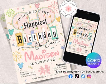 Invitación de cumpleaños de Disneyland, invitación de cumpleaños de Magic Castle, invitación del cumpleaños más feliz del mundo, cumpleaños de Mickey, cumpleaños de Minnie