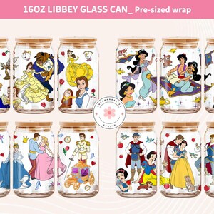 Bundle Princess 16oz Glass Can Wrap, Princess 16 oz Libbey Glass Can Wrap, Belle Snow White Cinderella Jasmine Sublimation, Princess Png