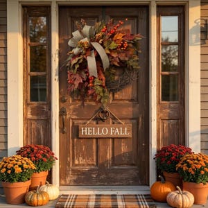 May include: A decorative wreath featuring autumn leaves, berries, and a light-colored ribbon hangs on a dark brown wooden door. Below the wreath, a rectangular wooden sign displays the text HELLO FALL. Potted orange and red flowers and pumpkins sit on the porch.