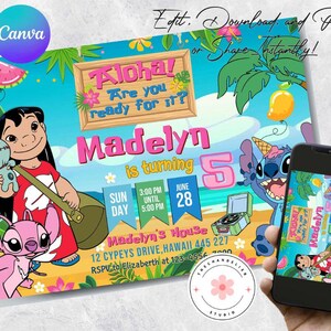 Convite personalizado editável para impressão, convite de aniversário de Lilo e Stitch, modelo de convite para festa de Stitch, aniversariante de Stitch Canva Edit