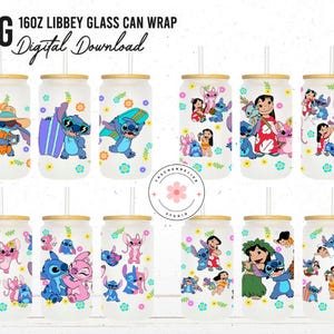Bundle Stitch Floral 16oz Glass Can Wrap, Lilo And Stitch 16 oz Glass Can Png, 16 oz Libbey Glass Can Wrap, Stitch And Angle Sublimation