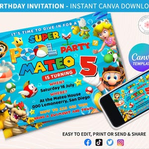 Super Mario-Geburtstagseinladung, Canva-Vorlage, Mario Waterslide-Einladung, bearbeitbare druckbare Partyeinladung Mario-Geburtstag