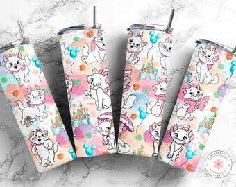 May include: Four cylindrical tumblers with lids and straws featuring a repeating pattern of a white kitten with a pink bow, a blue castle, blue mouse-ear balloons, and orange flowers against a soft pastel watercolor background of pink and purple.