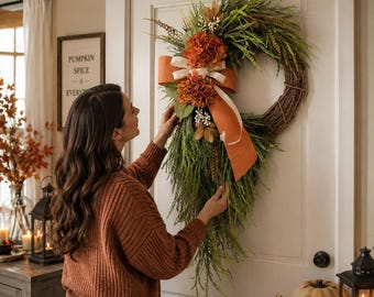 Corona de otoño para la puerta principal, corona de vid de otoño, decoración floral naranja para la puerta, corona de Acción de Gracias para el porche, decoración rústica para el hogar.