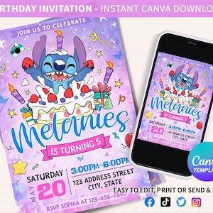 Faire-part d'anniversaire modifiable imprimable personnalisé, invitation d'anniversaire Lilo and Stitch, modèle d'invitation de fête Stitch, toile d'anniversaire fille Stitch