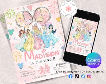 May include: Pink and white printable birthday invitation with a cartoon image of a girl wearing a pink bow and a princess dress. The text on the invitation says "Madison is turning 5".