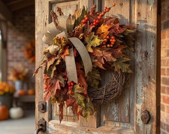 Fall Wreath for Front Door, Autumn Grapevine Wreath, Orange Floral Door Decor, Thanksgiving Porch Wreath, Rustic Home Decor
