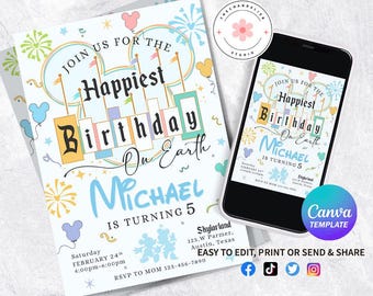 Invitación de cumpleaños de Disneyland, invitación de cumpleaños de Magic Castle, invitación del cumpleaños más feliz del mundo, cumpleaños de Mickey, cumpleañero