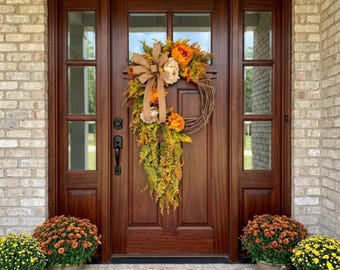 Corona de otoño para la puerta principal, corona floral de otoño, decoración rústica de casa de campo para la puerta, decoración de otoño para la puerta principal